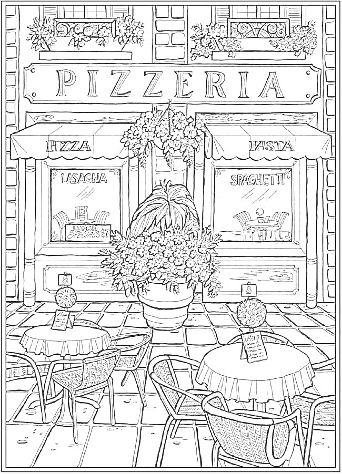Раскраска Пиццерия с уличными столиками и цветами