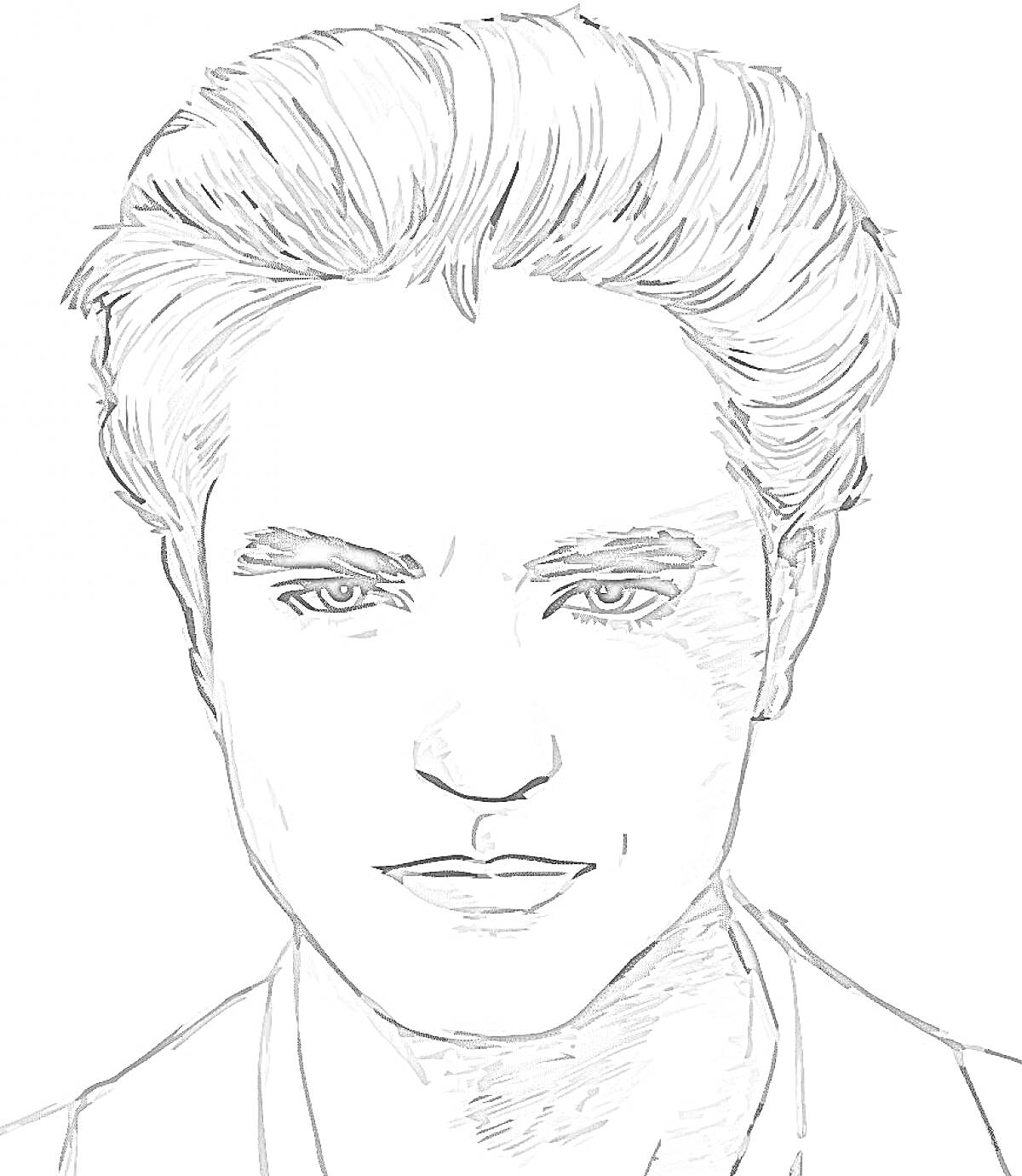 Раскраска с изображением мужчины с зачёсанными назад волосами и прямым взглядом