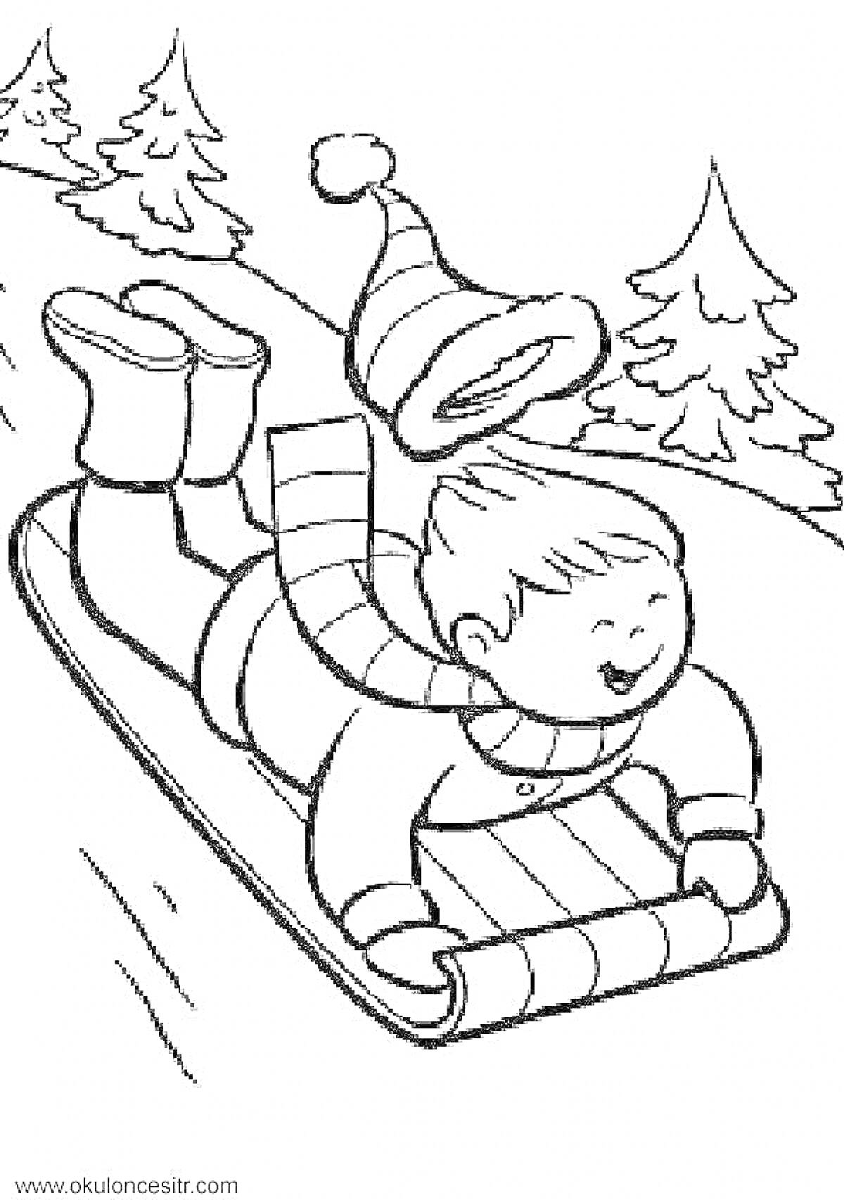 На раскраске изображено: Ребёнок, Зимний лес, Снег, Елки, Зима, Веселье, Сани