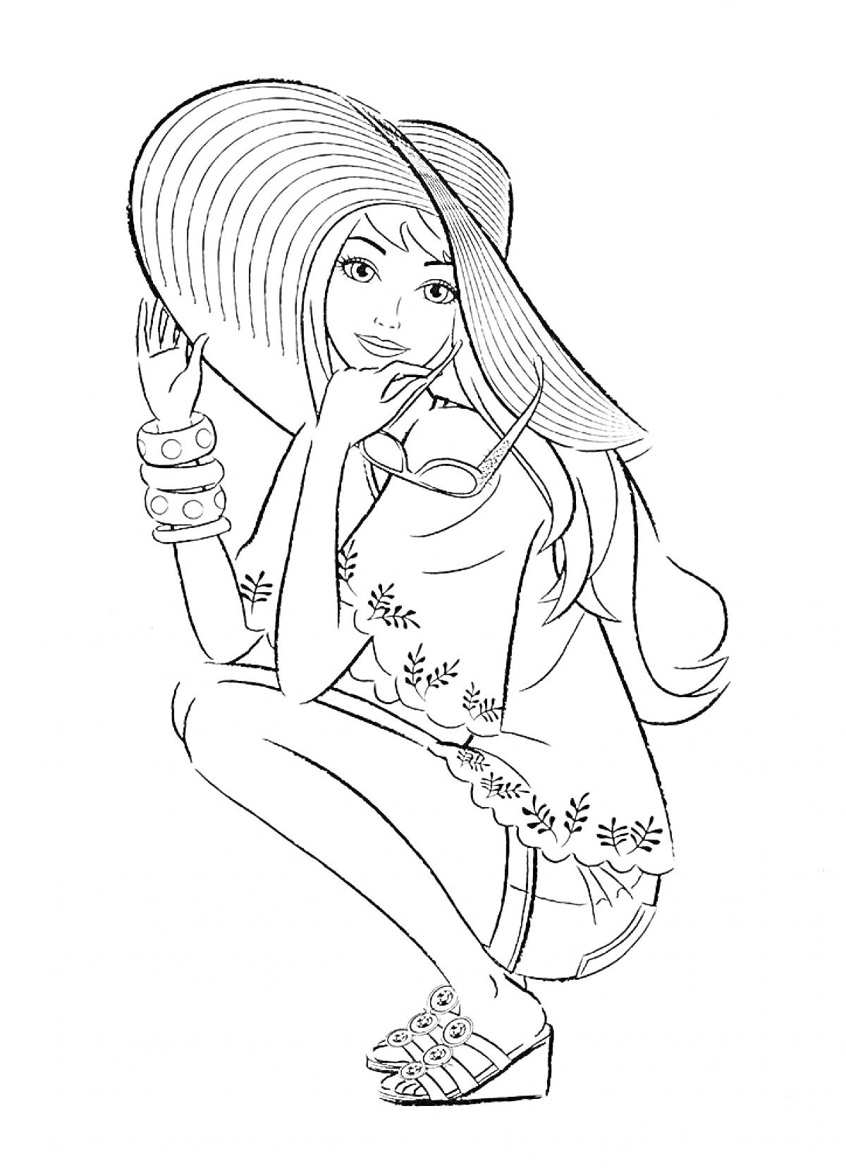 Раскраска Девушка в шляпе с солнцезащитными очками, накрашенная, в платье с цветочными узорами, босоножки с ремешками, браслеты на руке