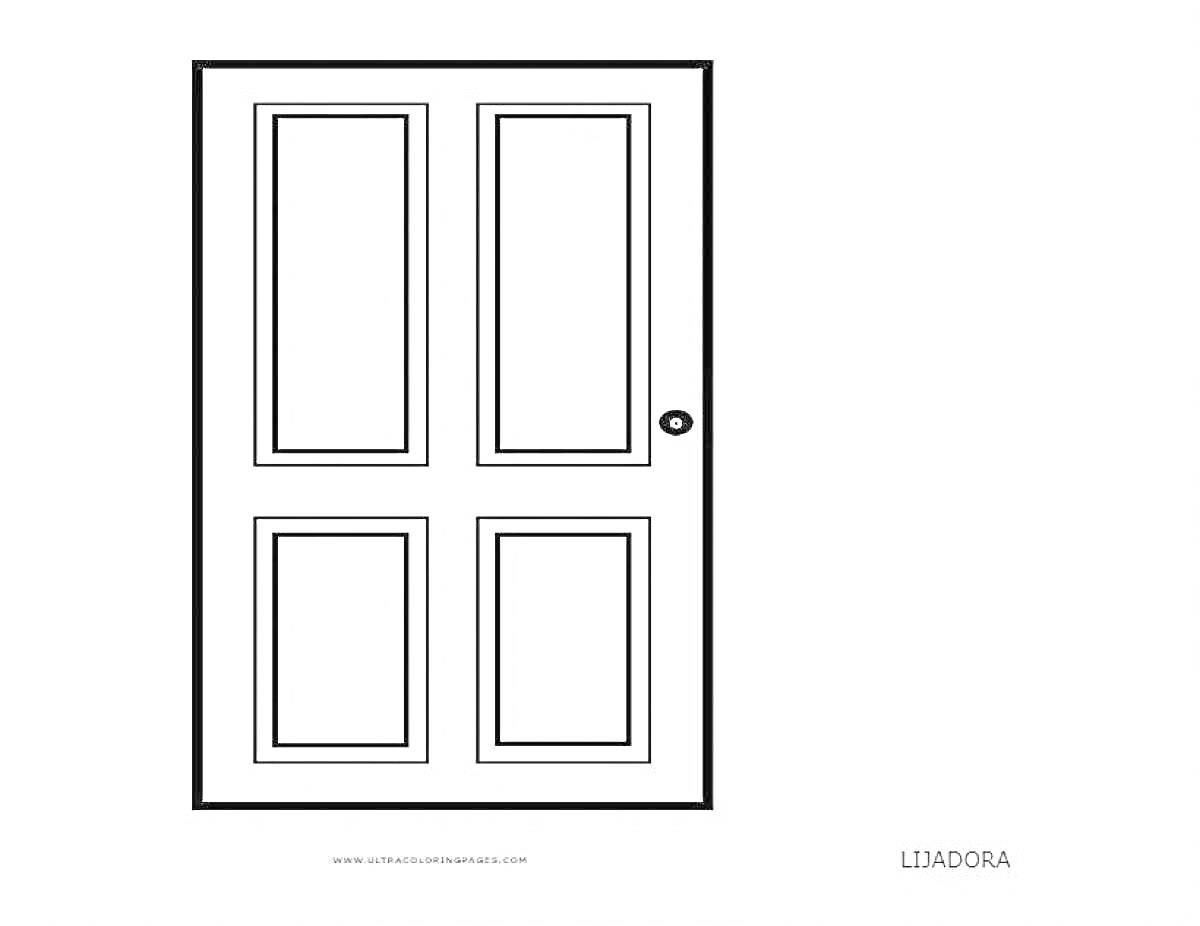 Раскраска Дверь с четырьмя прямоугольными панелями и круглой ручкой