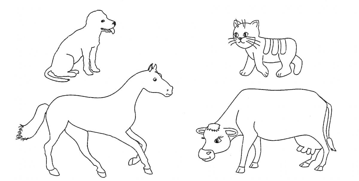 На раскраске изображено: Животные, Собака, Лошадь, Корова
