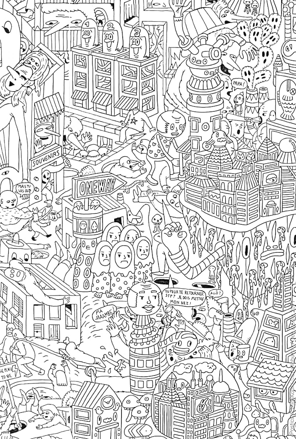 Раскраска Города с необычными персонажами, здания, надписи, и множество деталей