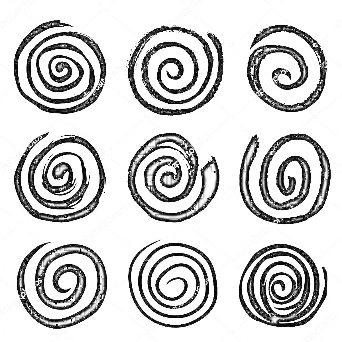 Раскраска Набор из девяти закрученных линий-спиралей различной толщины и изгиба