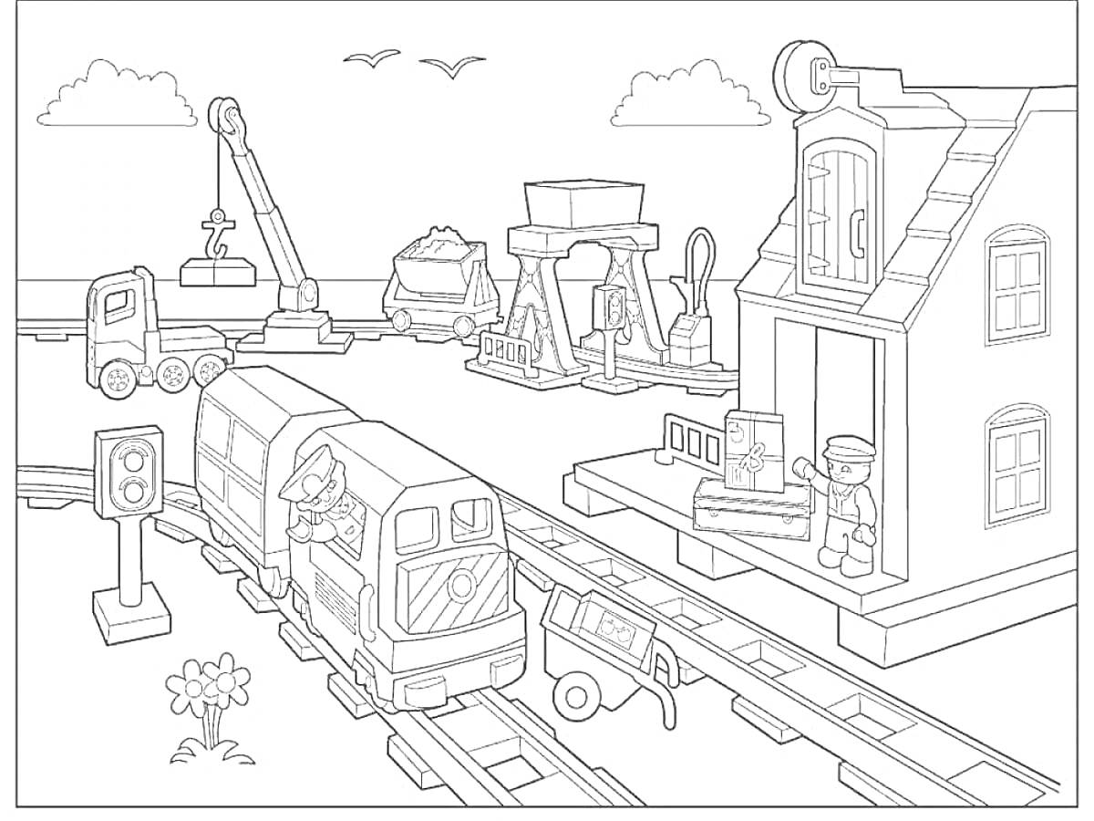 Раскраска Лего поезд со станцией, строителями, краном, грузовиком и железной дорогой