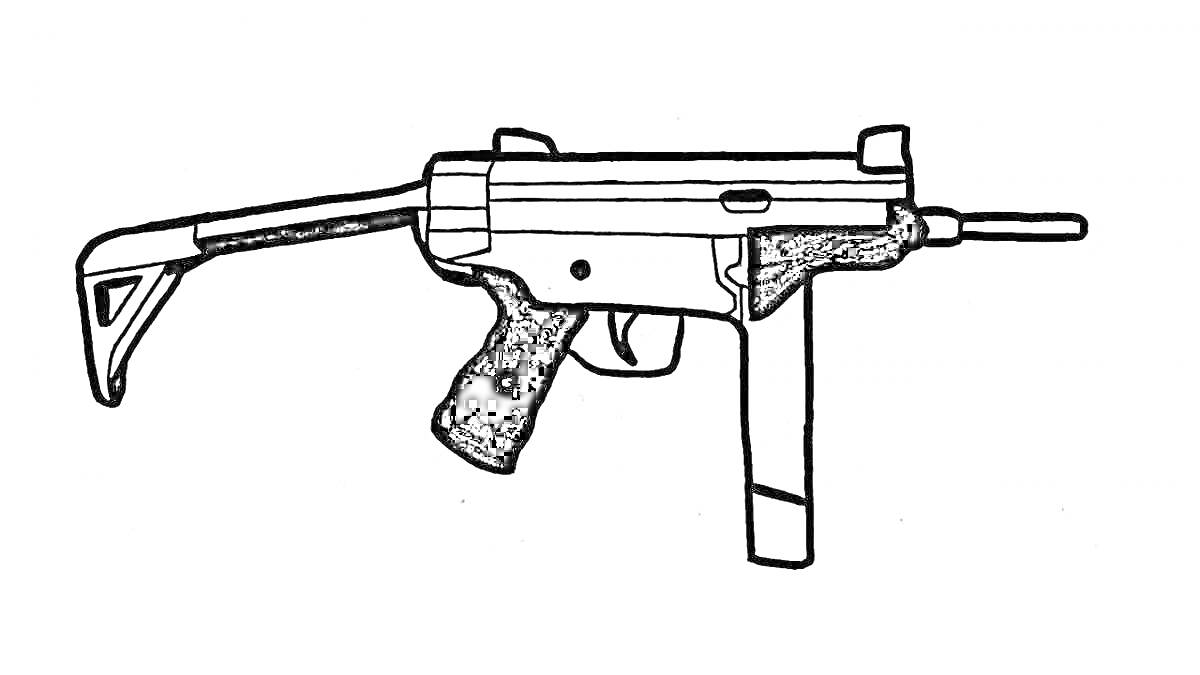 На раскраске изображено: Автомат, Оружие, Приклад, Рукоятка, Ствол