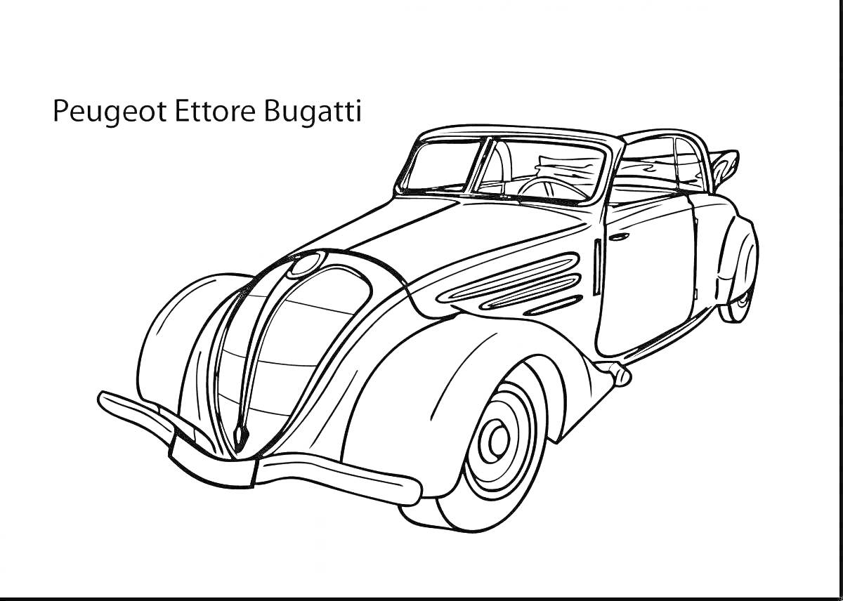 Peugeot Ettore Bugatti, ретро машина в линиях для раскрашивания