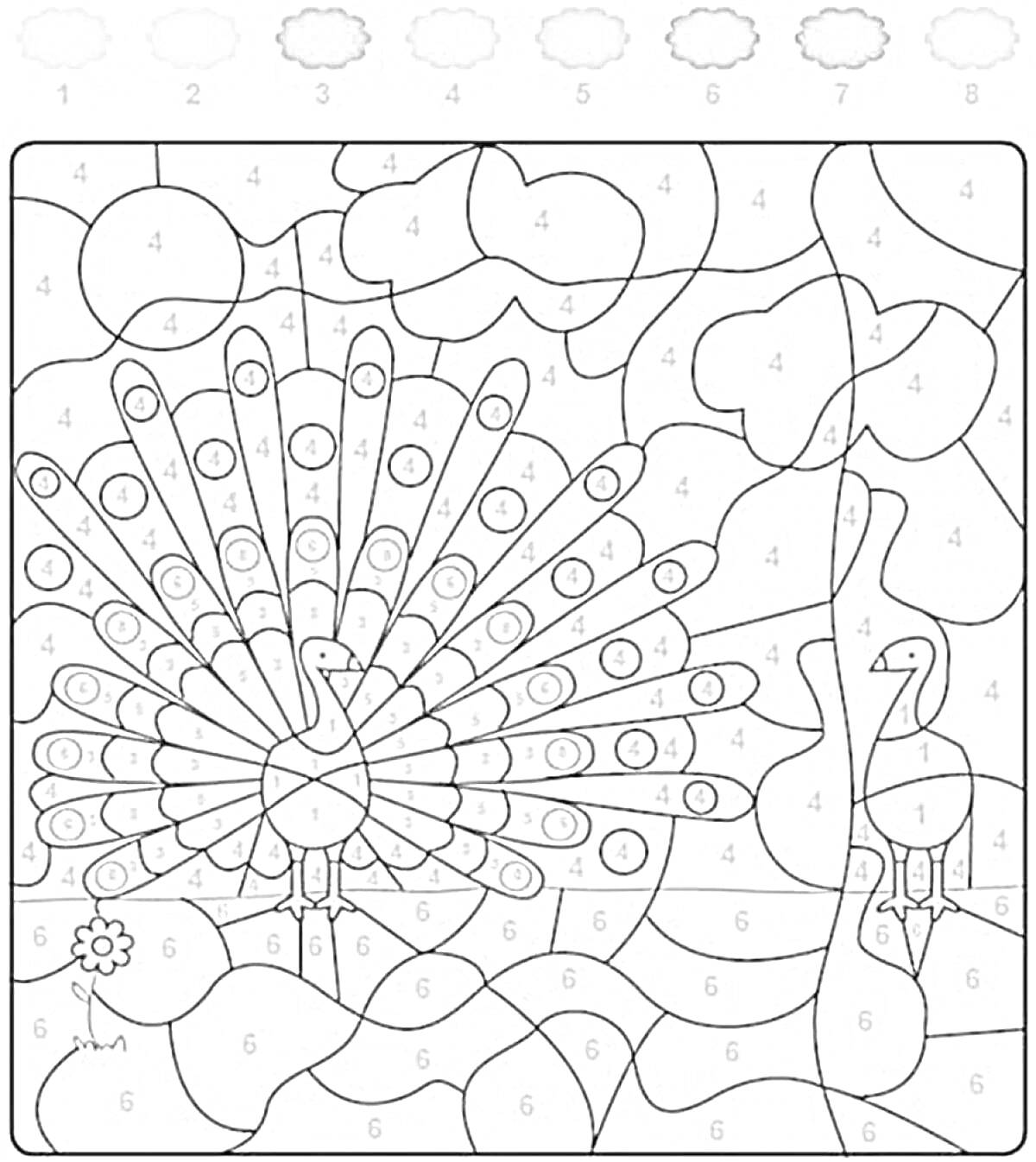 На раскраске изображено: По номерам, Павлин, Природа, Солнце, Облака, Творчество