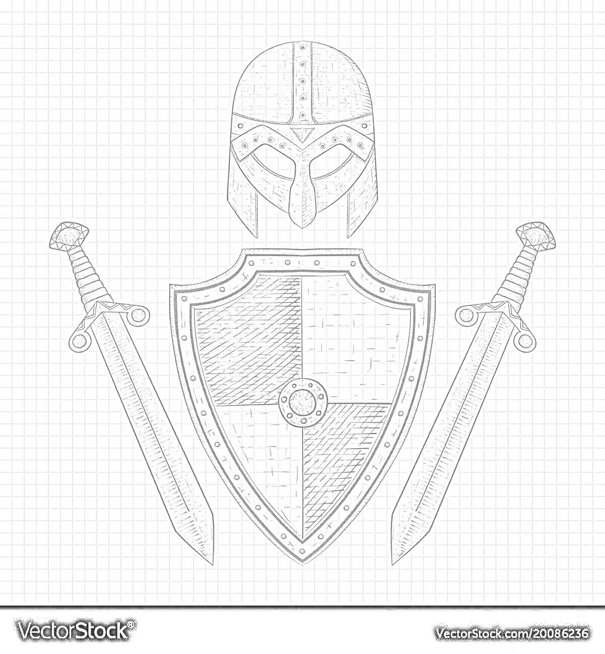 На раскраске изображено: Щит, Богатырь, Меч, Оружие, Средневековье, Доспехи