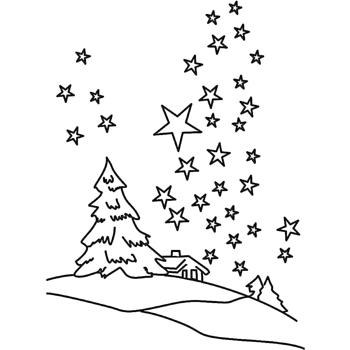 Раскраска Звездное небо над зимним пейзажем с деревьями и домом