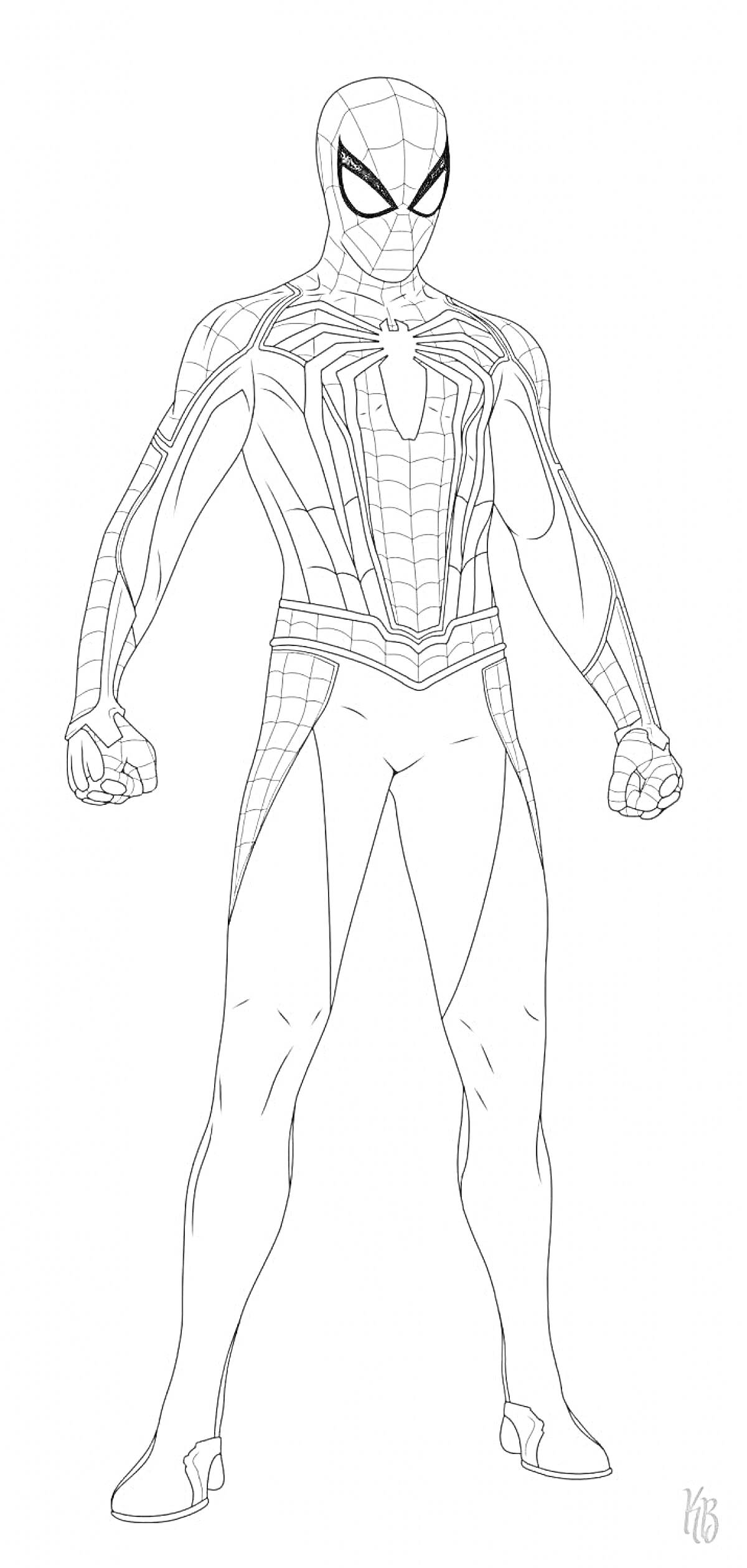 На раскраске изображено: Человек-паук, PS4, Классический костюм, Боевой стойка, Комиксы, Марвел