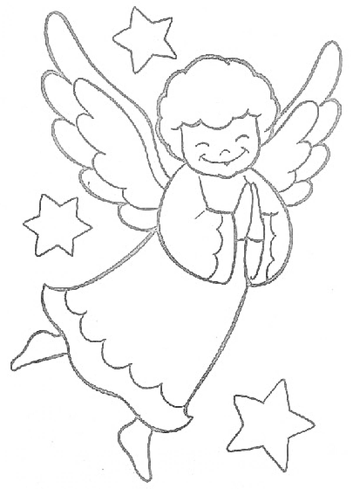 На раскраске изображено: Ангел, Крылья, Звезды, Девочка, 12 лет, Для детей