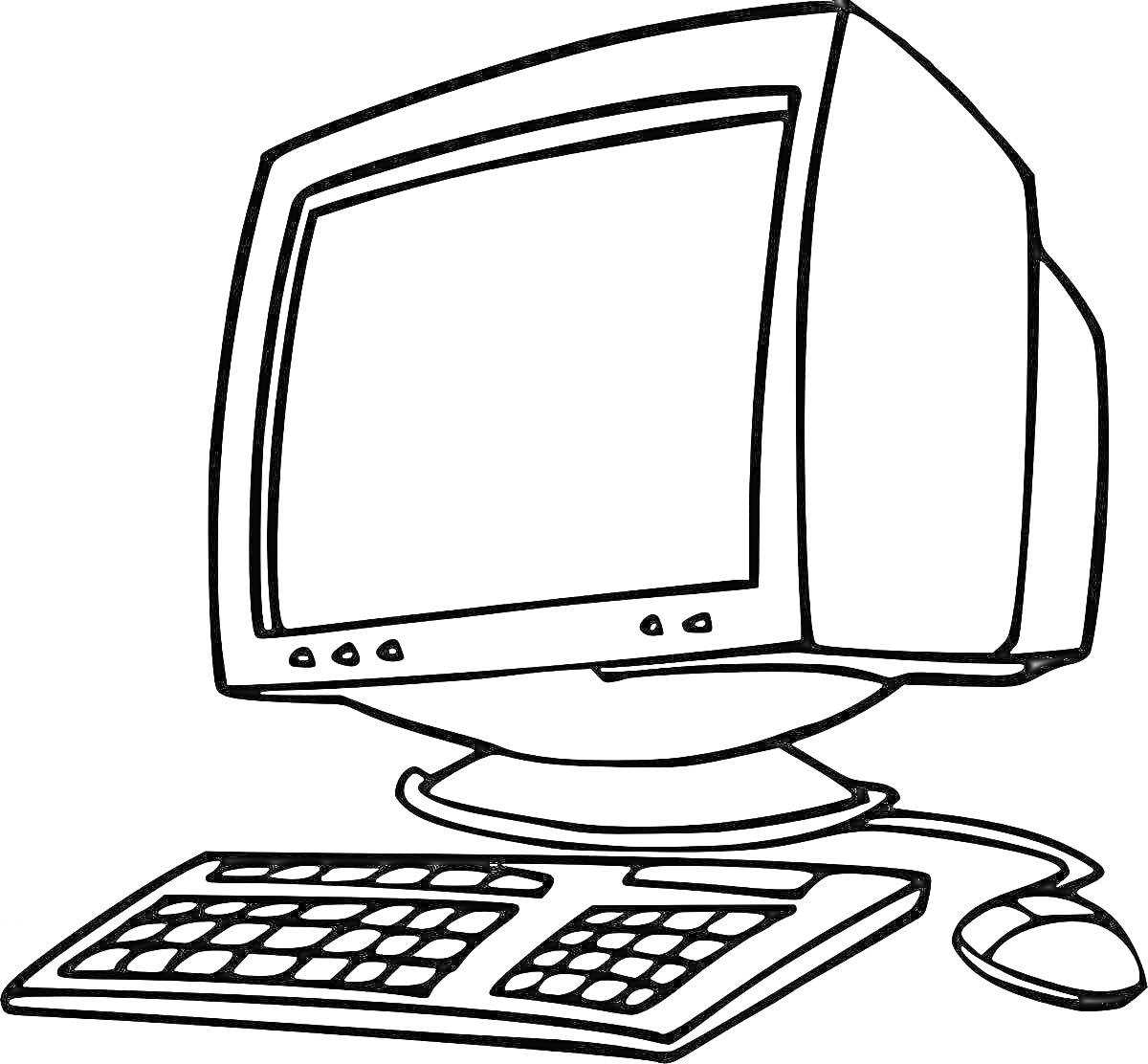На раскраске изображено: Компьютер, Монитор, Клавиатура, Мышь, Техника, Обучение, Для детей