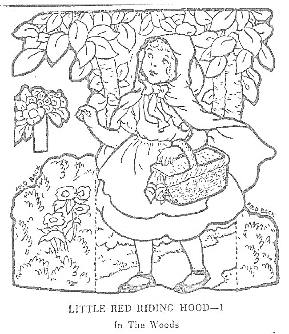 На раскраске изображено: Красная Шапочка, Лес, Грибы, Цветы, Деревья, Шарль Перро