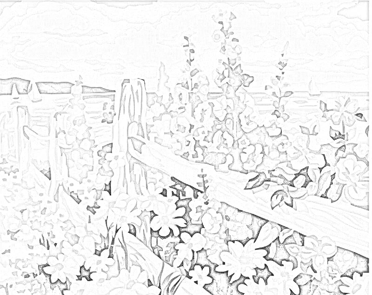 Раскраска Деревянный забор с цветами на морском побережье, вдалеке парусники и острова под облачным небом