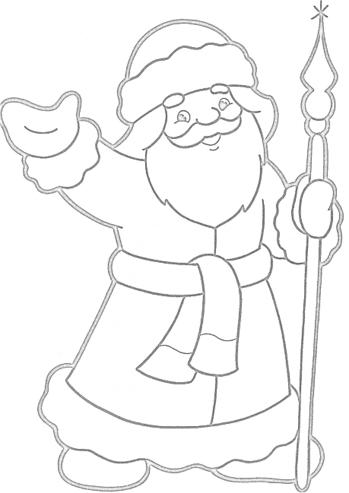Раскраска Дед Мороз с посохом, поднимающий руку для приветствия