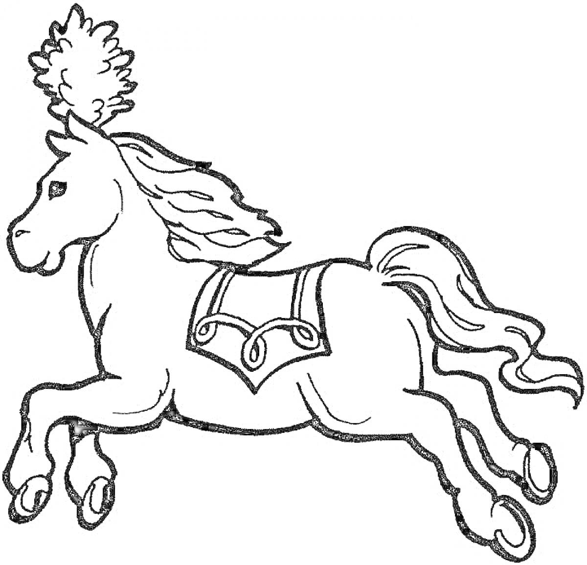 Раскраска Лошадь с перьями на голове и украшенной попоной, прыгающая