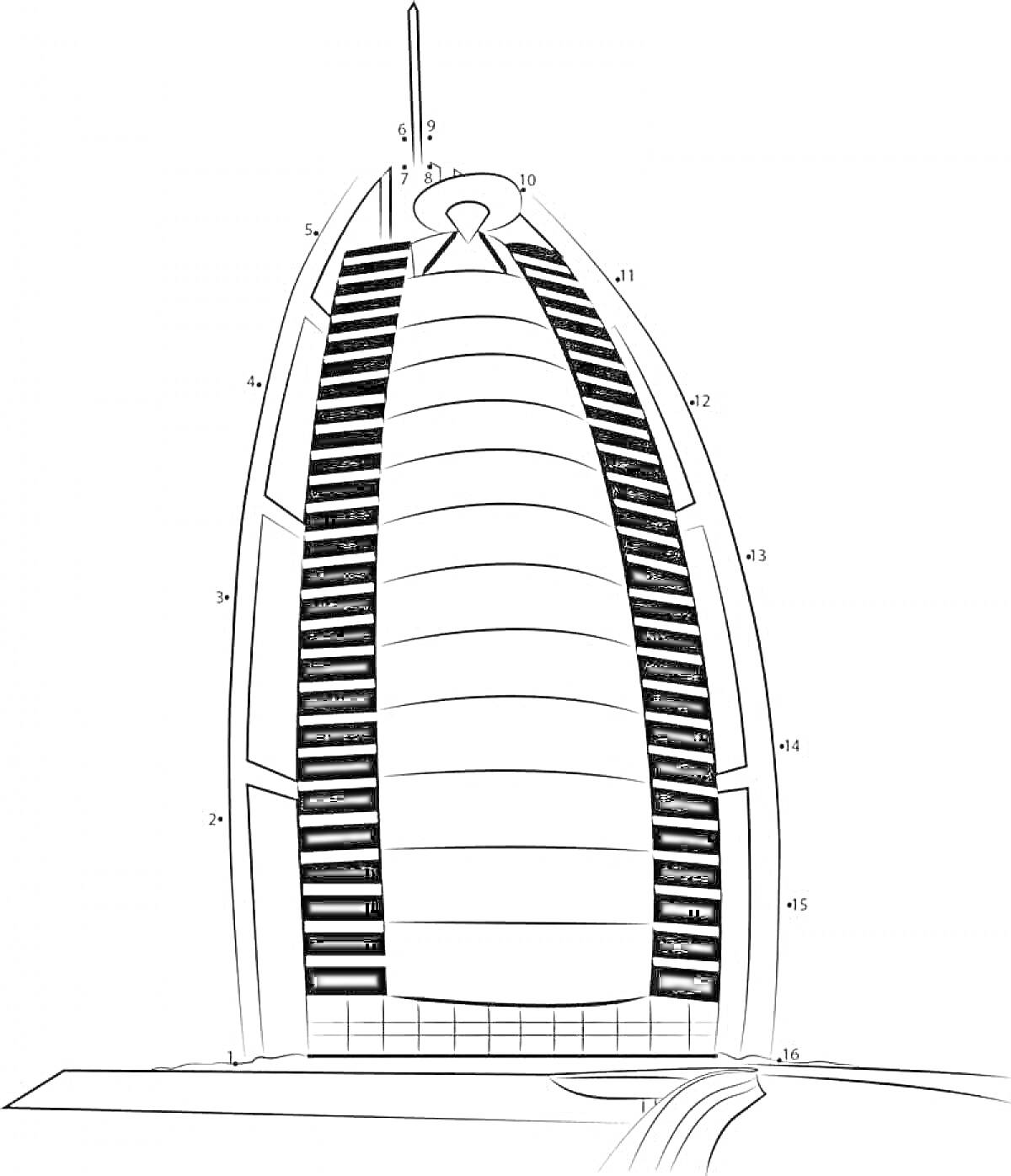 Раскраска Гостиница Бурдж аль-Араб, контуры здания, линии и детали для раскрашивания