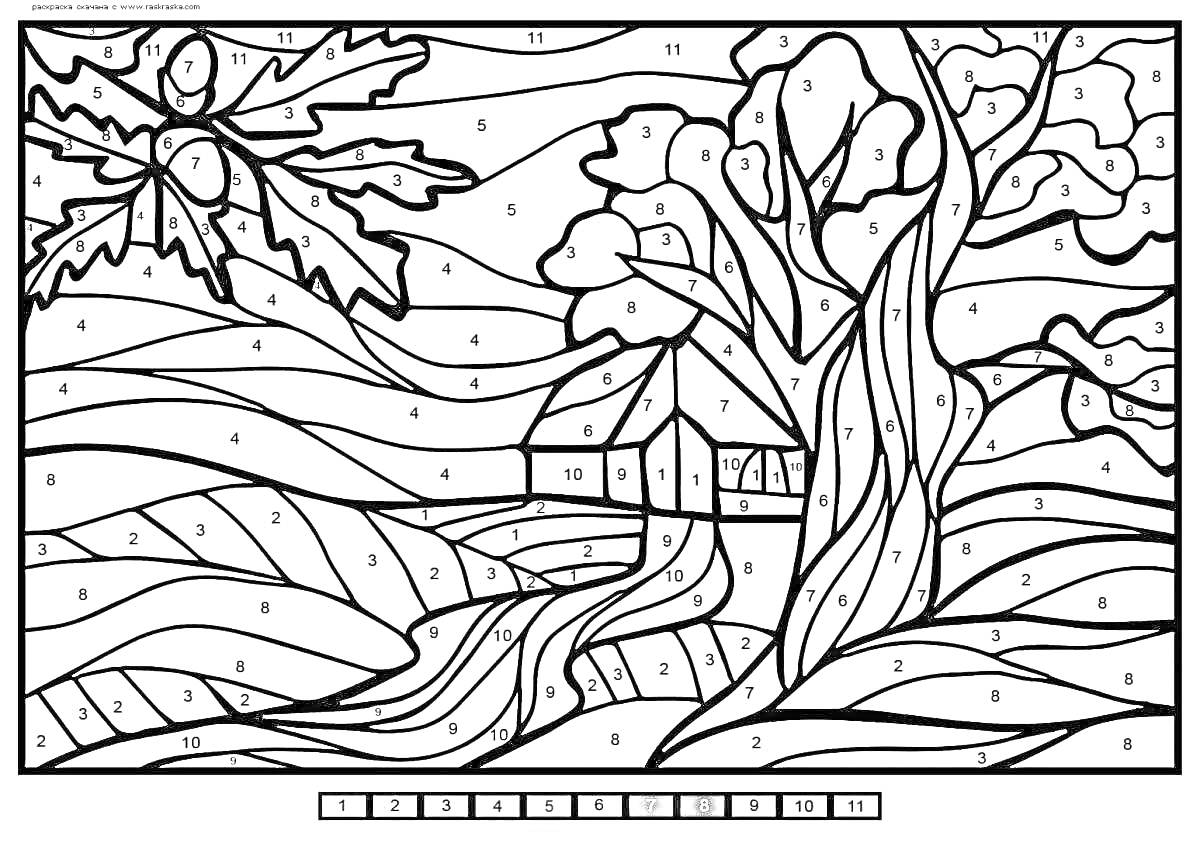 На раскраске изображено: Деревья, Дом, Река, Холмы, Пейзаж, Природа