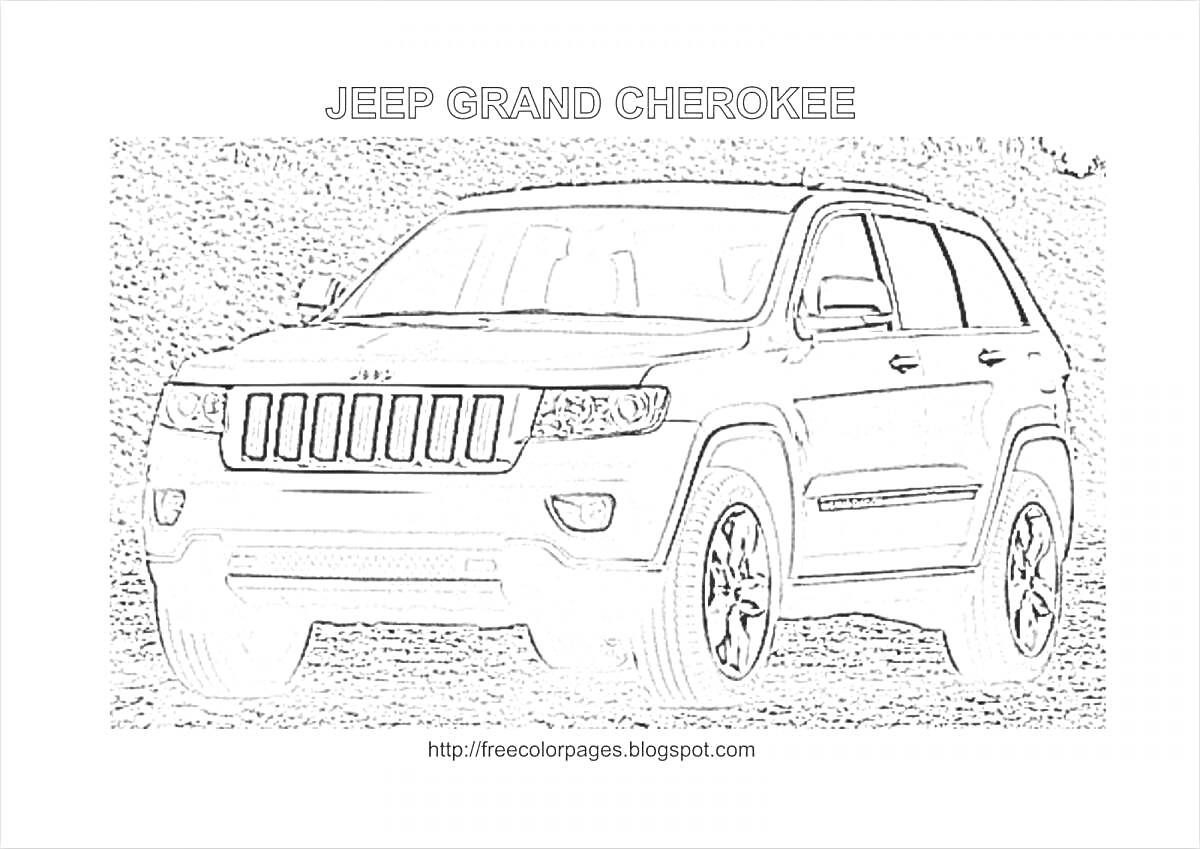 Раскраска раскраска с изображением автомобиля Jeep Grand Cherokee на фоне деревьев