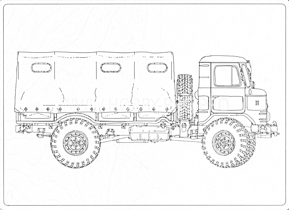 Раскраска Военный грузовик Урал с тентом, снабжённый запасным колесом