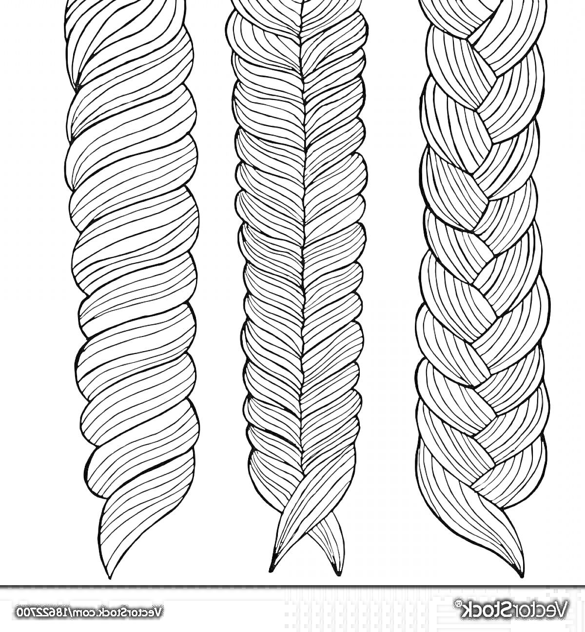 Раскраска Три вида косичек: витая косичка, колосок и классическая коса