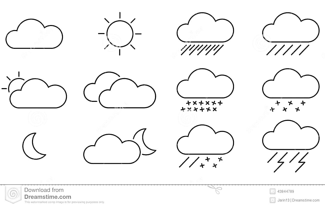 На раскраске изображено: Облака, Солнце, Луна, Дождь, Молния, Снег, Погода, Символы