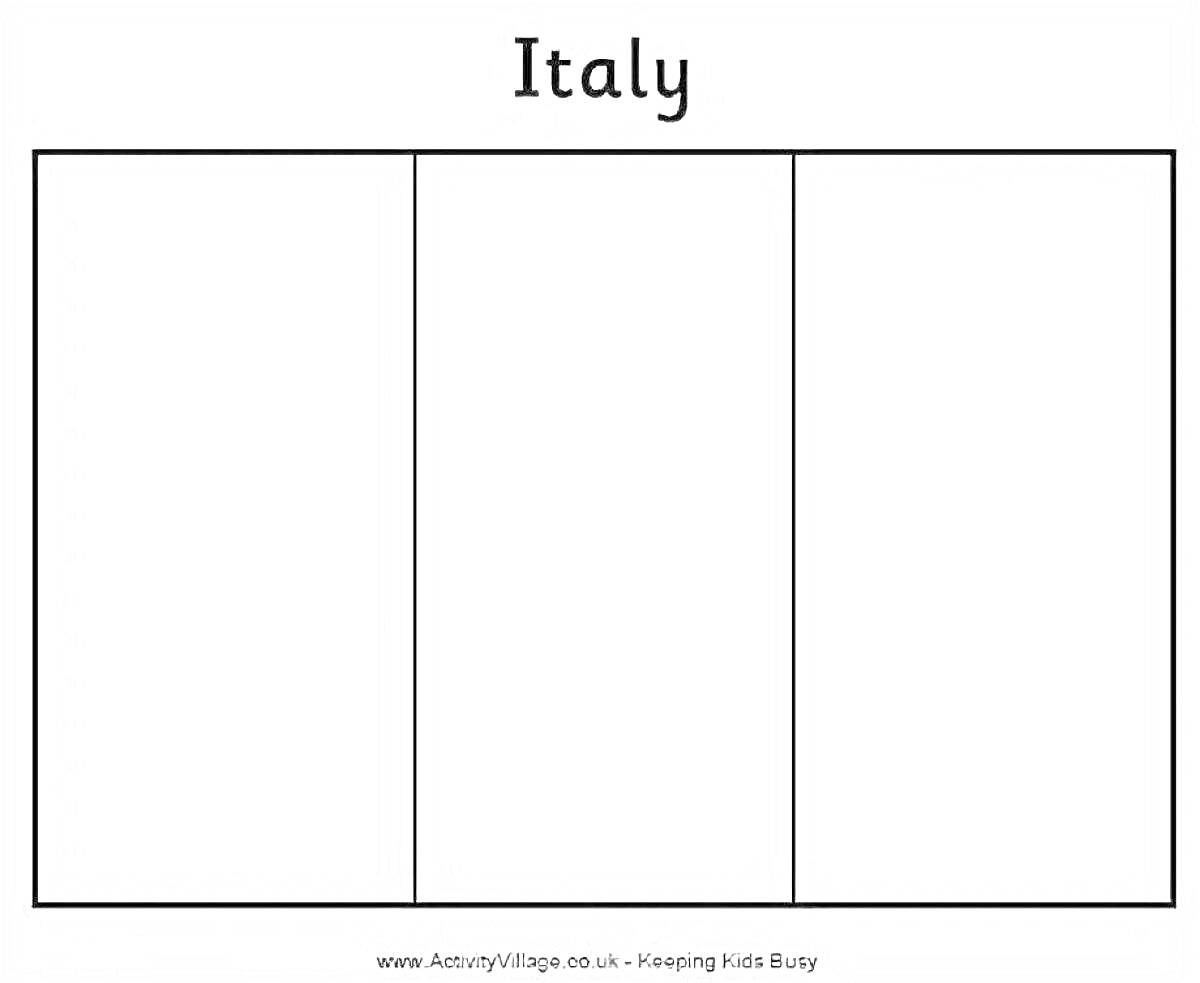 На раскраске изображено: Флаг, Италия, Триколор, Три цвета, Вертикальные полосы, Белый фон, Образование, География