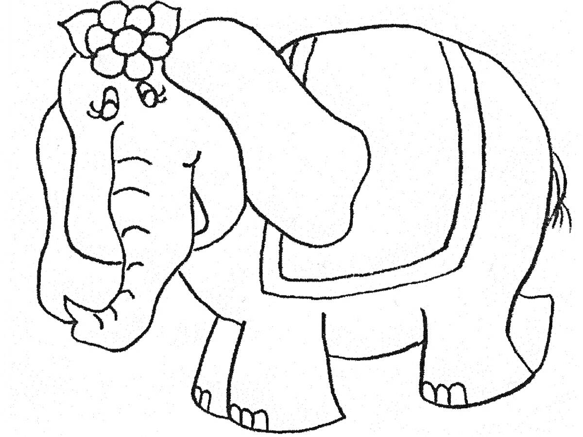 РаскраскаРаскраска - Слон с ковром на спине и цветочным венком на голове