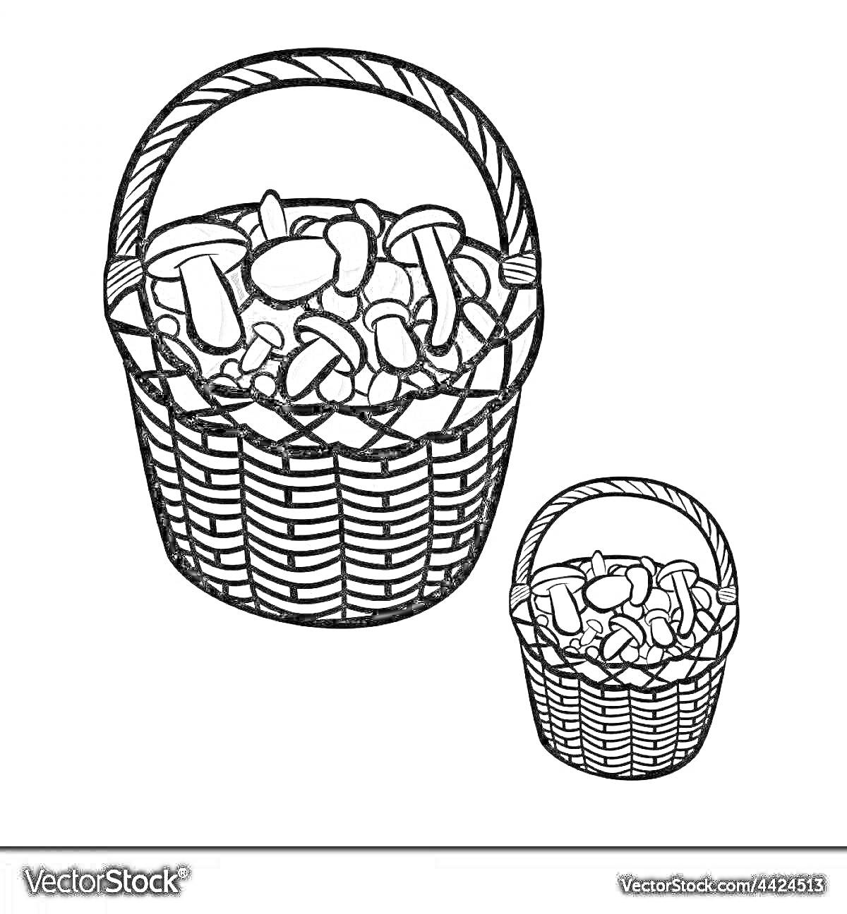 Раскраска Корзина с грибами (два изображения корзин, одна маленькая и одна большая, наполненные грибами)
