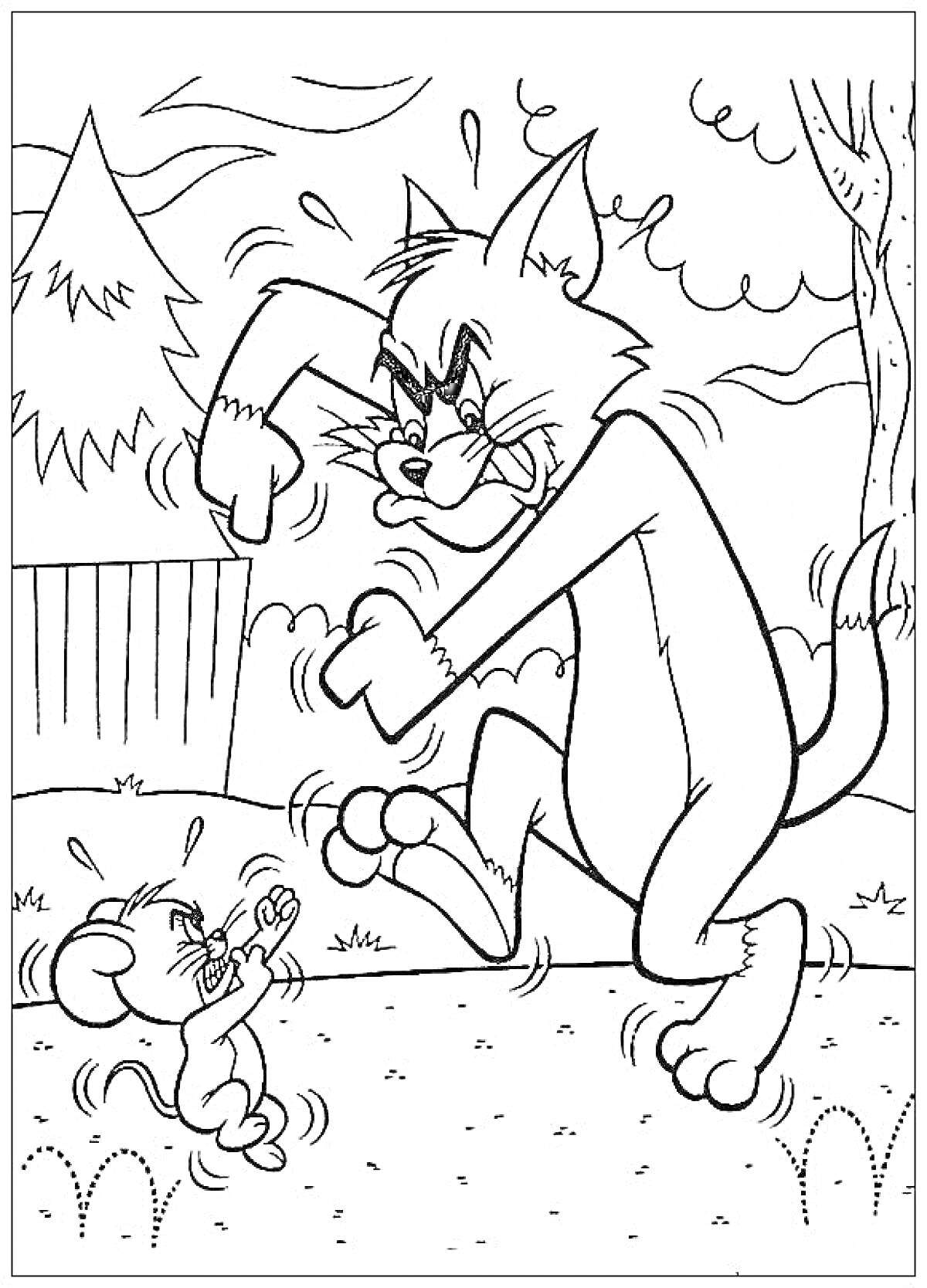 Раскраска Том и Джерри - Том пугает Джерри на улице возле забора и деревьев