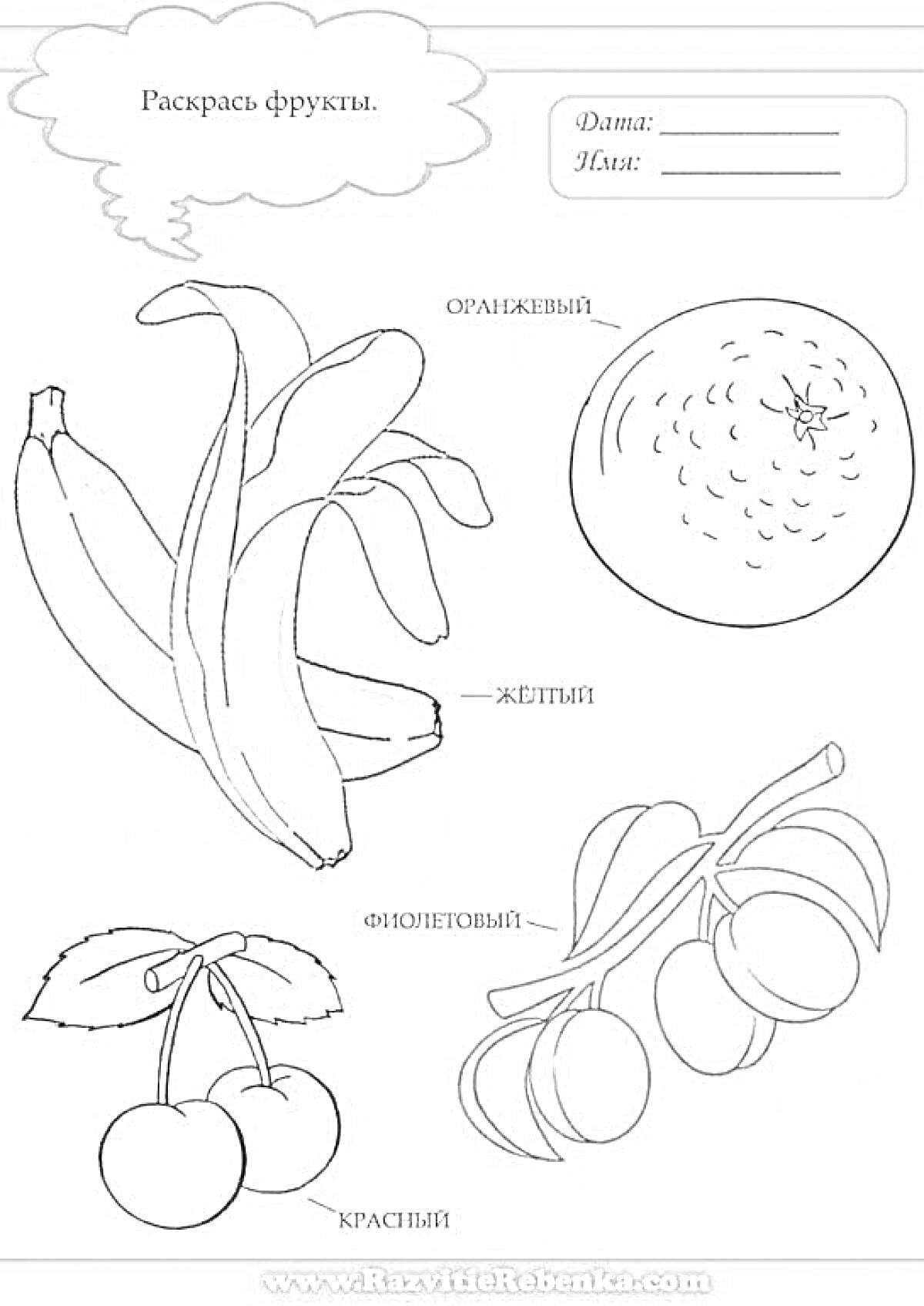 Раскраска Раскраска с изображением фруктов: бананы, апельсин, виноград и вишни.