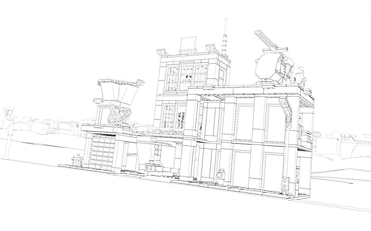 На раскраске изображено: Полицейский участок, Лего, Гараж, Вход, Антенны, Вертолетная площадка, Здание