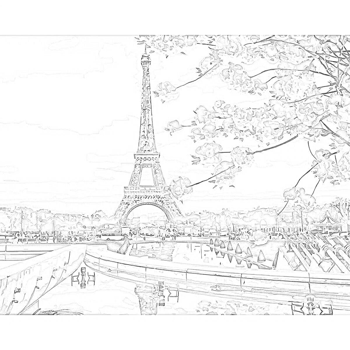 На раскраске изображено: Эйфелева башня, Париж, Франция, Городской пейзаж, Мост, Листья, Облака, Горизонт, Деревья