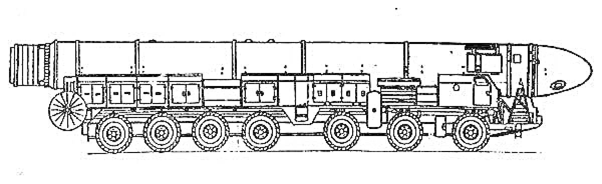 Раскраска Ракетный комплекс на колесной платформе Тополь М