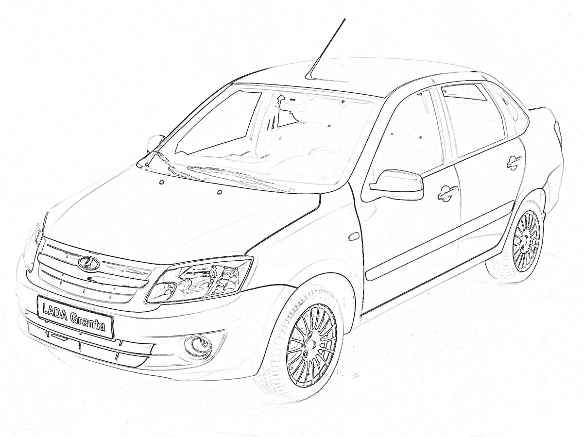 Раскраска Автомобиль Лада Гранта с передними фарами, боковыми зеркалами, колесами, радиаторной решеткой и номерным знаком