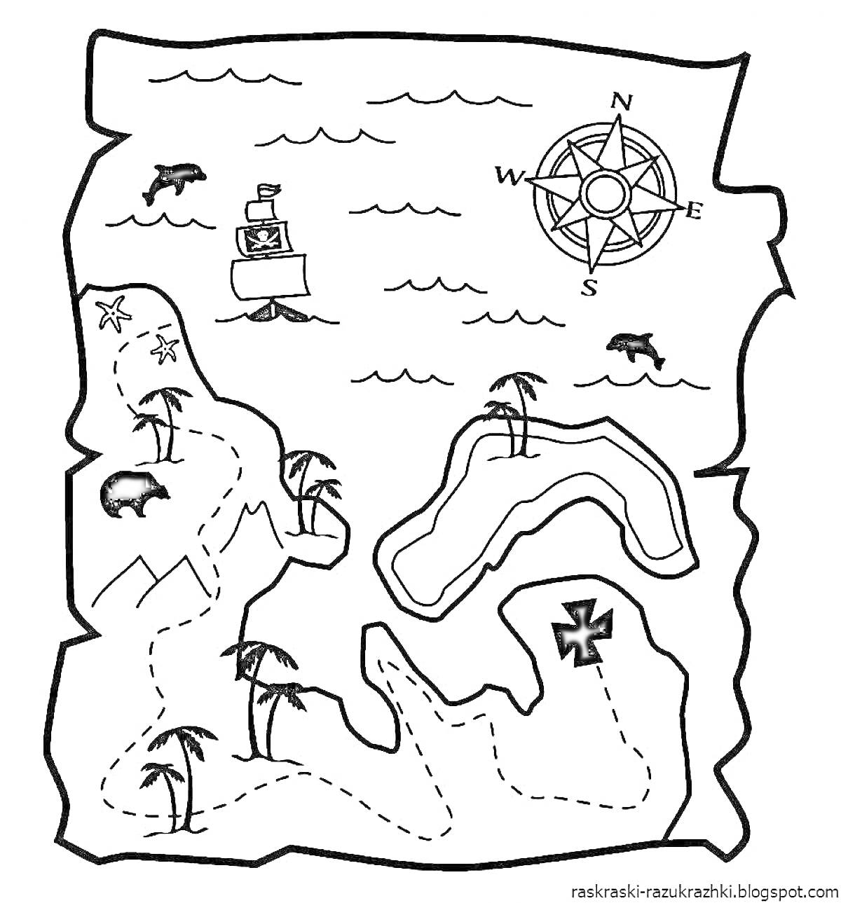 Раскраска Карта с сокровищами с пиратским кораблём, компасом, пальмами, звёздами, дельфинами и медведем