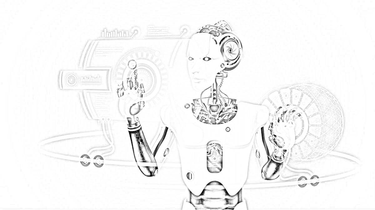 На раскраске изображено: Искусственный интеллект, Робот, Киборг, Будущее, Наука