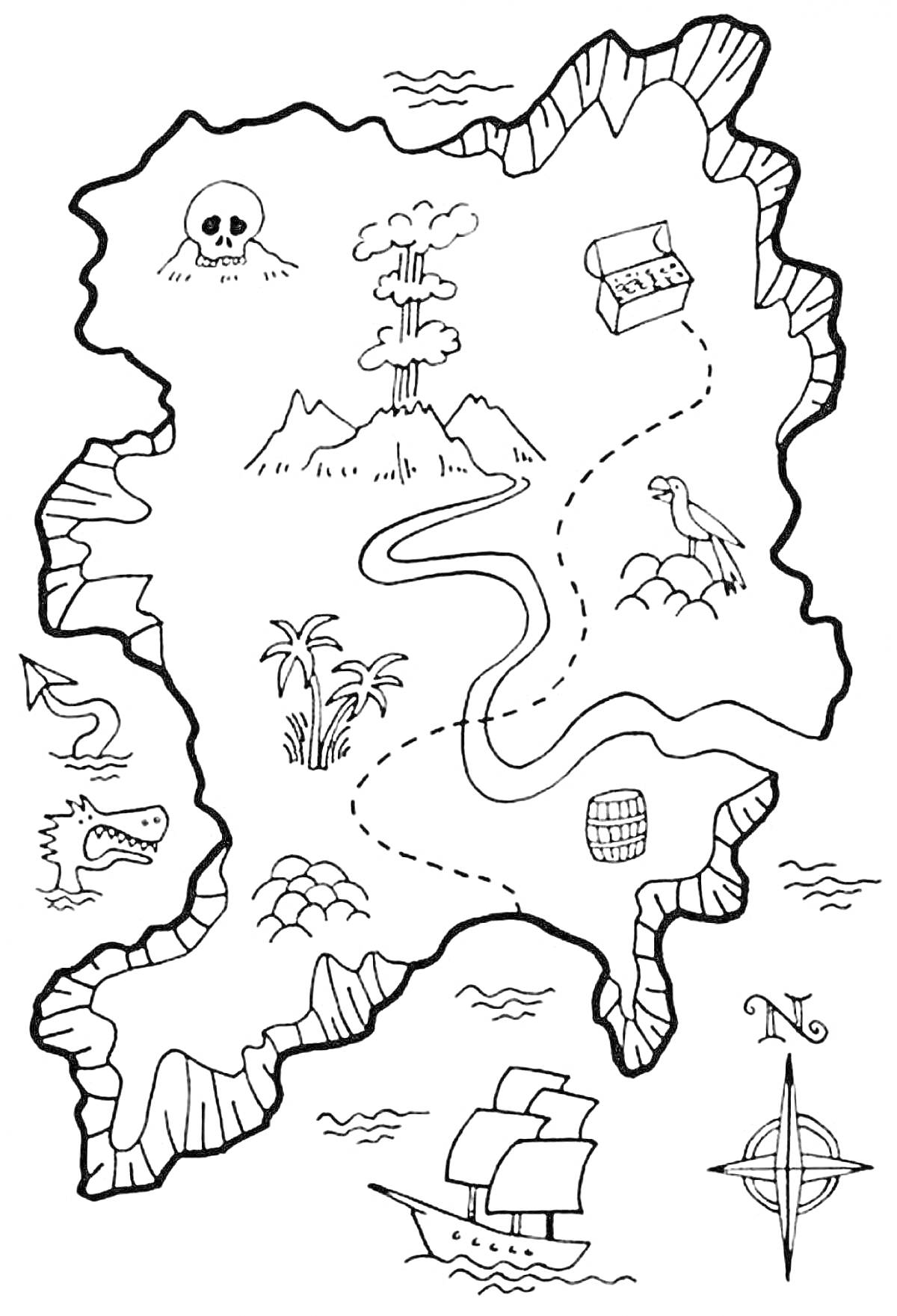 На раскраске изображено: Пиратская карта, Череп, Сундук с сокровищами, Пальмы, Координаты, Пиратский корабль, Компас, Приключения