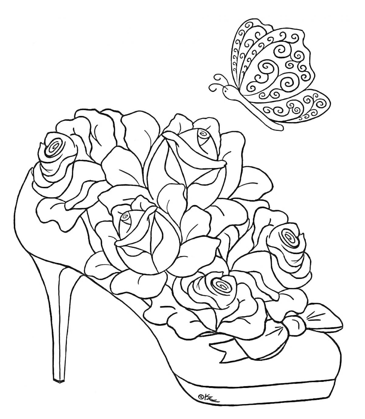 На раскраске изображено: Розы, Бабочка, Цветы, Обувь, Узоры, Ботаника, Туфли