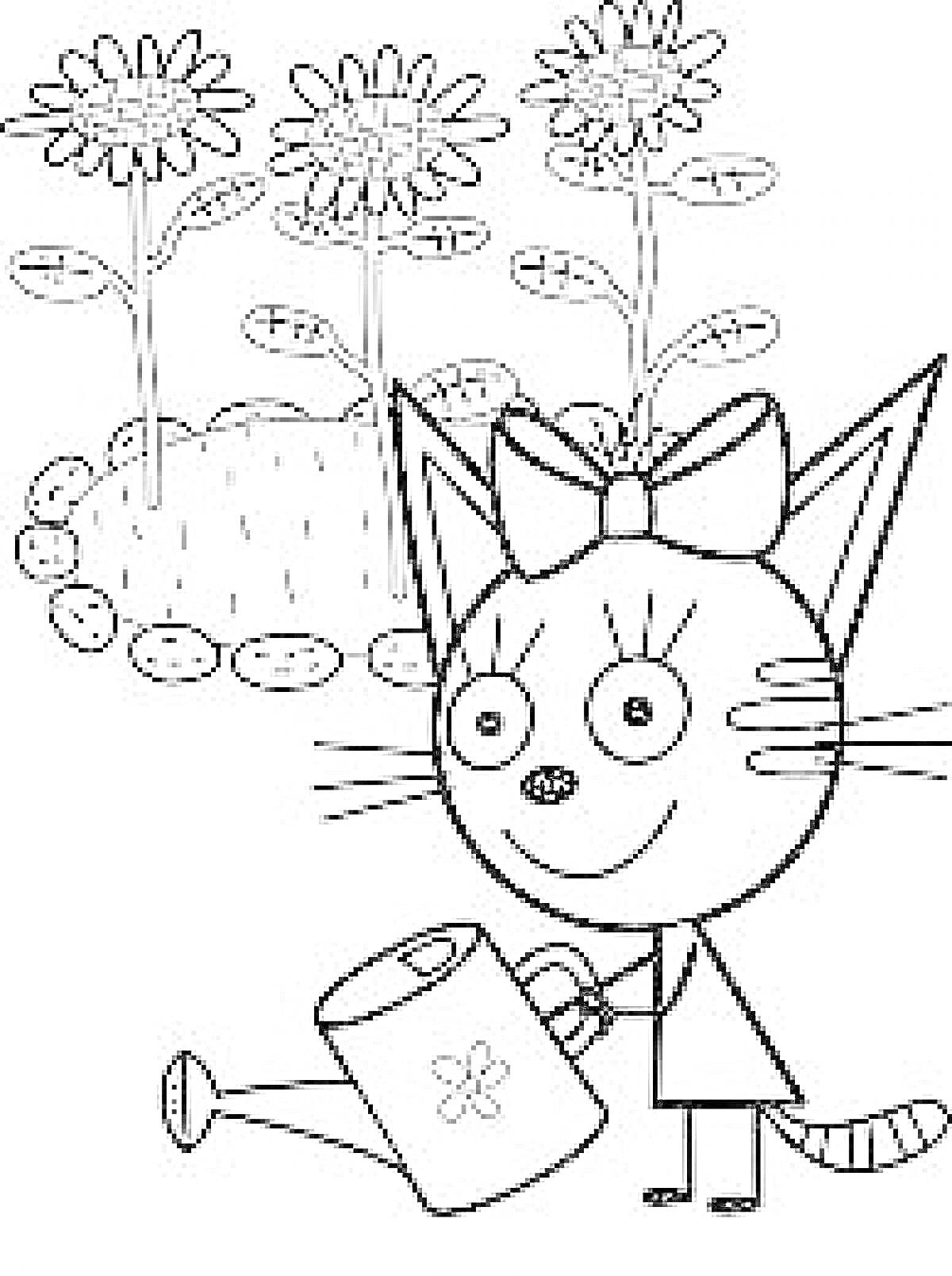 Раскраска Котёнок с бантом поливает цветы, подсолнечники в ограждении из камней