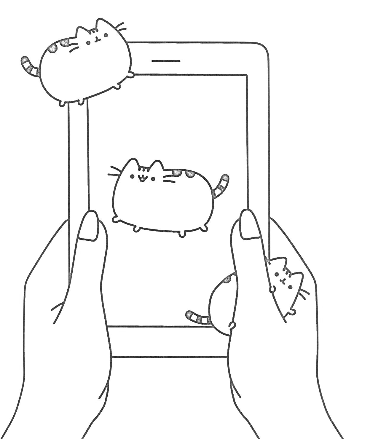 Руки, держащие планшет с изображением кота Пушина и кот Пушин снаружи планшета