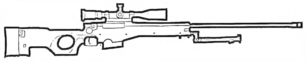 Раскраска Снайперская винтовка с прицелом и сошкой