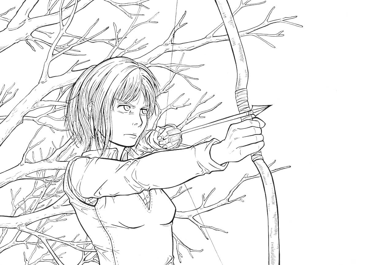 Раскраска Девушка с короткими волосами стреляет из лука на фоне деревьев