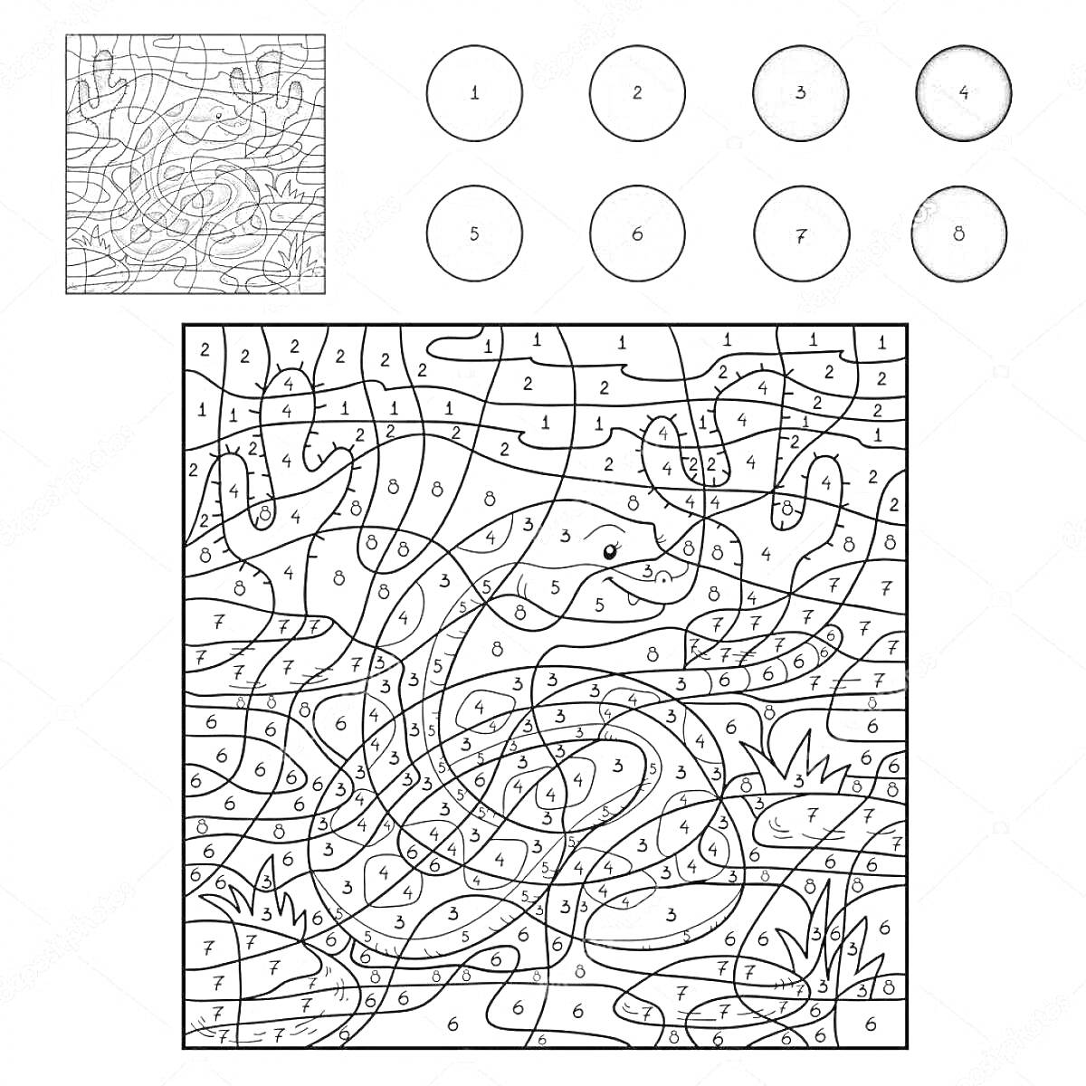 Раскраска Змея в пустыне со скалами и кактусами