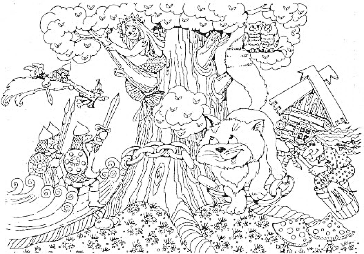 На раскраске изображено: Баба Яга, Избушка на курьих ножках, Волшебный лес, Русский фольклор, Цепь, Грибы, Меч, Деревья, Русские народные сказки