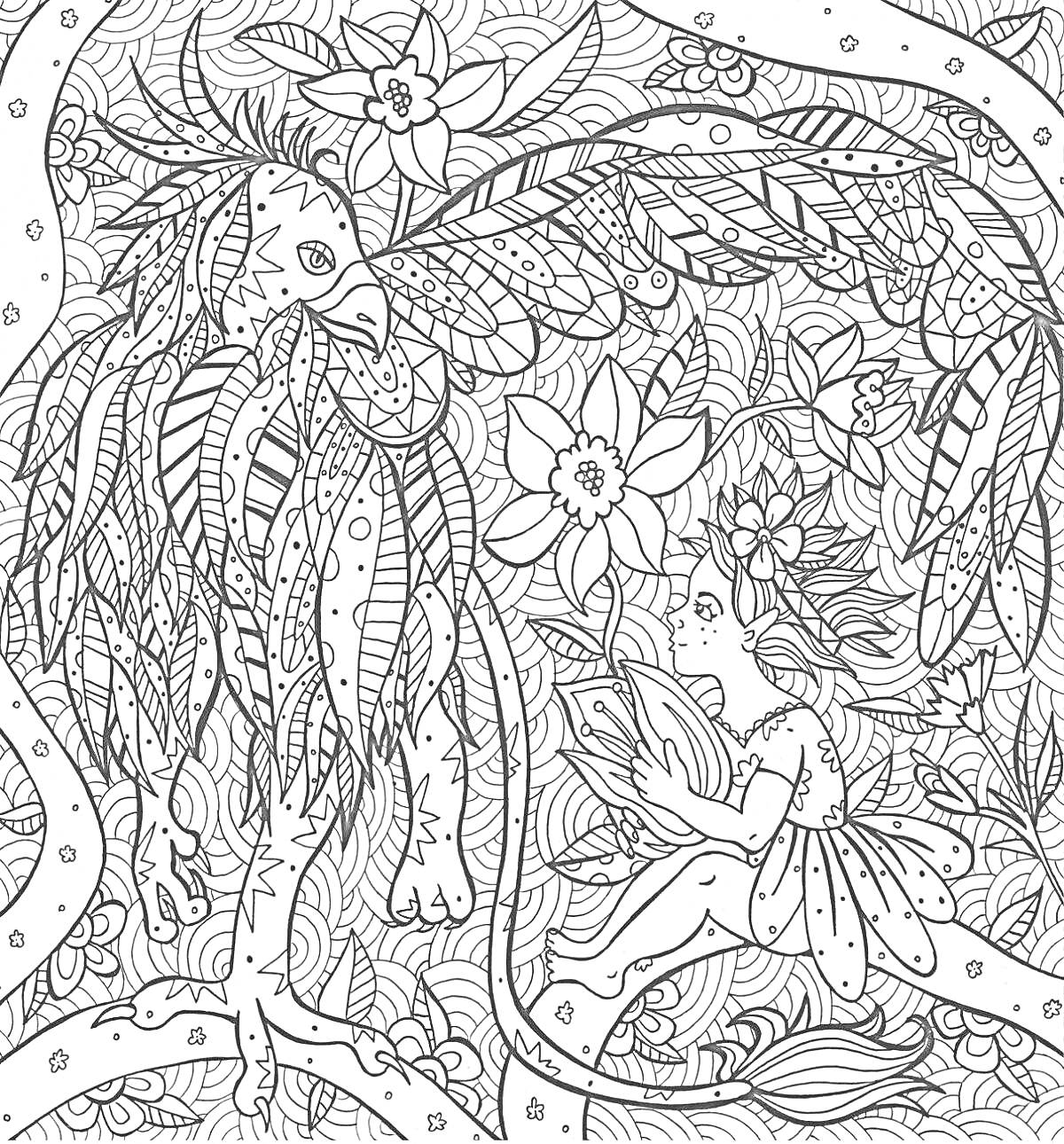 РаскраскаФея и птица в лесу с цветами и листьями
