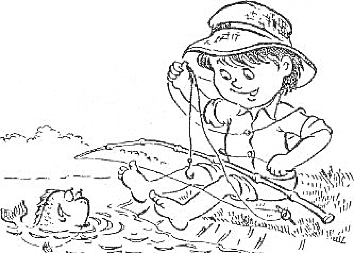 На раскраске изображено: Мальчик, Рыбалка, Шляпа, Удочка, Рыба, Река, Природа, Лето