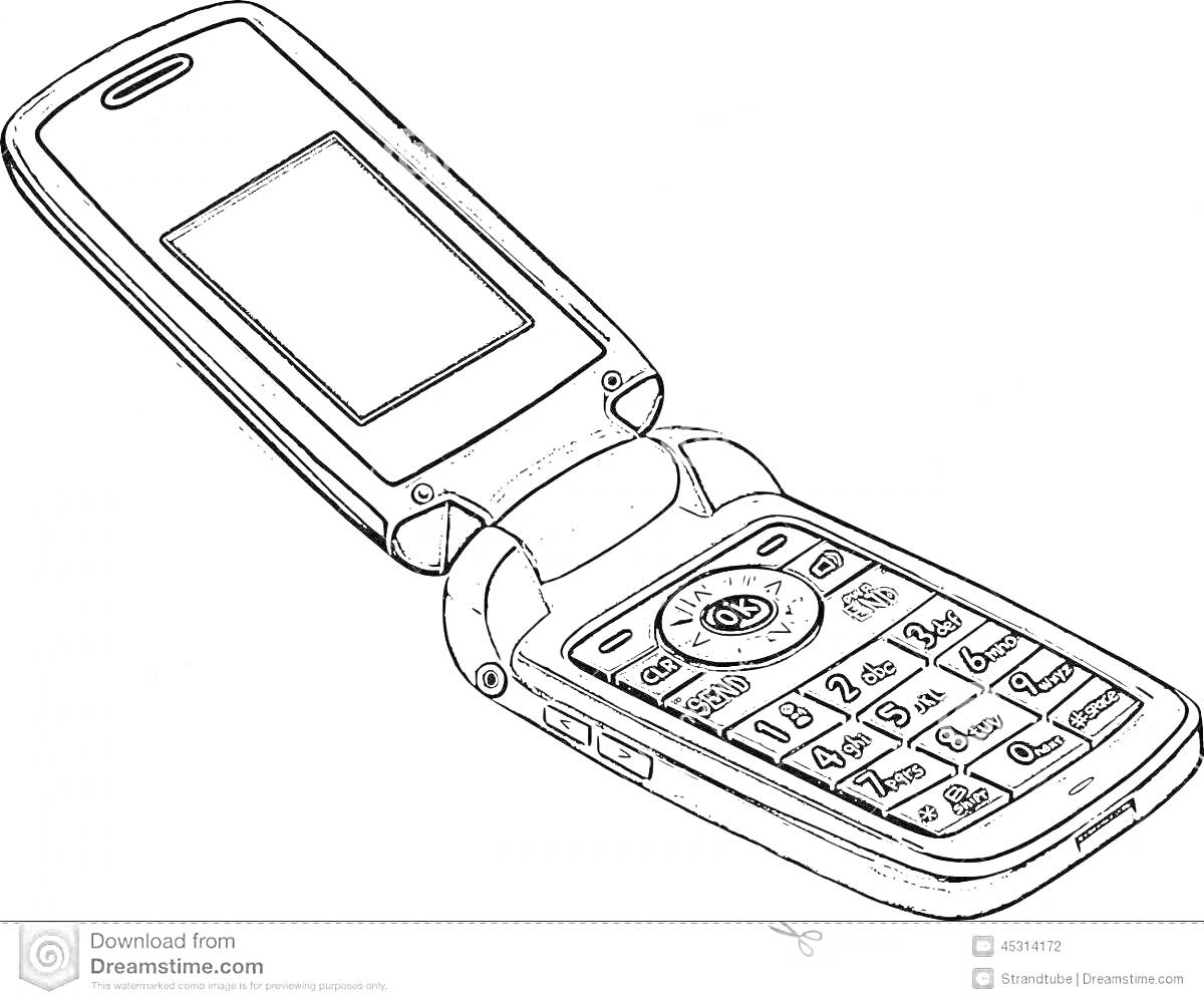 Раскраска Раскраска - раскладной кнопочный телефон с экраном, клавиатурой и динамиком