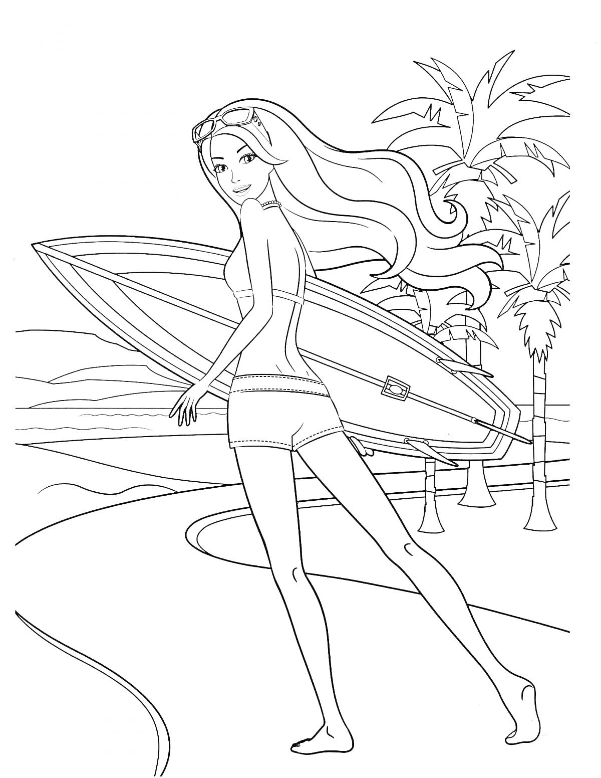 На раскраске изображено: Девочка, Длинные волосы, Доска для серфинга, Пляж, Пальмы, Лето, Отдых, Прогулка, Море